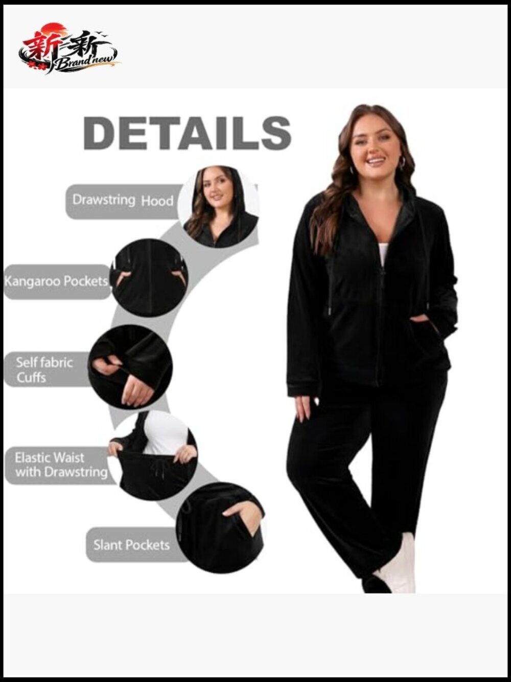 Women Plus Size Velour Tracksuit 2 Piece Set Zip Up Hoodie & Straight Leg Pant - Picture 5 of 7